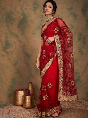 Maroon Color Embroidery Work Net Saree With Blouse 3
