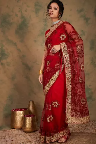 Maroon Color Embroidery Work Net Saree With Blouse