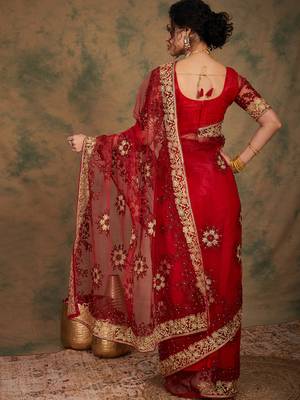 Maroon Color Embroidery Work Net Saree With Blouse 5
