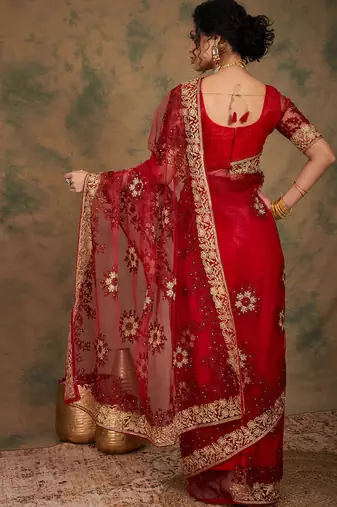 Maroon Color Embroidery Work Net Saree With Blouse