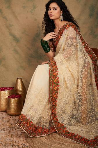 White color embroidery work net saree with blouse