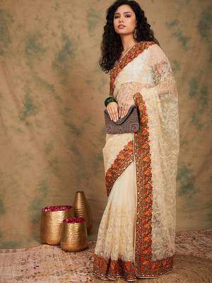 White color embroidery work net saree with blouse 2