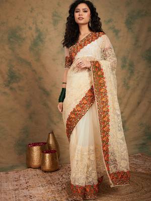 White color embroidery work net saree with blouse 3