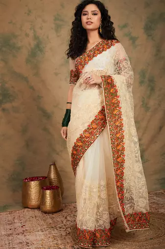 White color embroidery work net saree with blouse