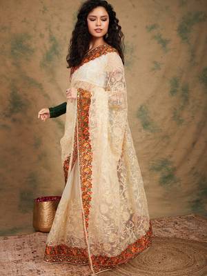 White color embroidery work net saree with blouse 4