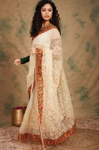 White color embroidery work net saree with blouse