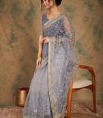 Grey Color Embroidery Work Net Saree With Blouse