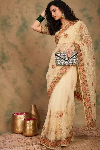 Chiku Color Embroidery Work Net Saree With Blouse