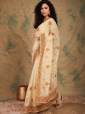 Chiku Color Embroidery Work Net Saree With Blouse 3