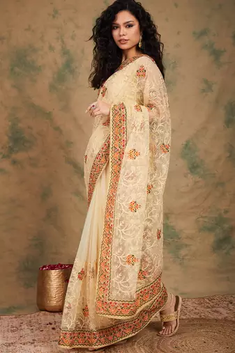 Chiku Color Embroidery Work Net Saree With Blouse