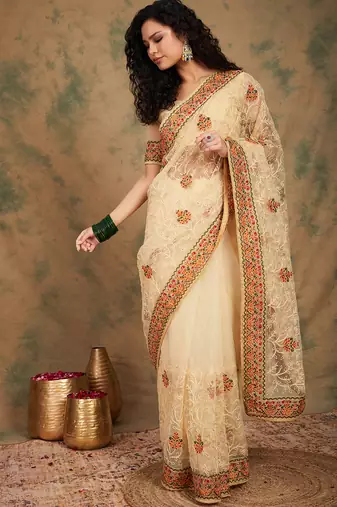 Chiku Color Embroidery Work Net Saree With Blouse