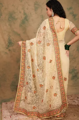 Chiku Color Embroidery Work Net Saree With Blouse