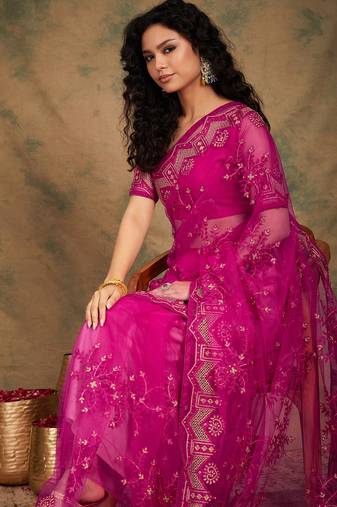 Pink color embroidery work net saree with blouse