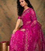 Pink color embroidery work net saree with blouse
