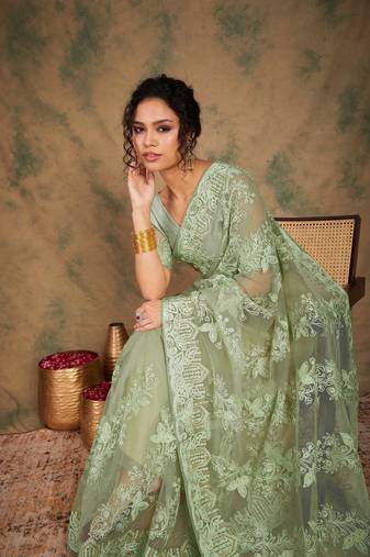 Pista Green Color Embroidery Work Net Saree With Blouse