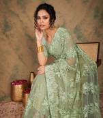 Pista Green Color Embroidery Work Net Saree With Blouse