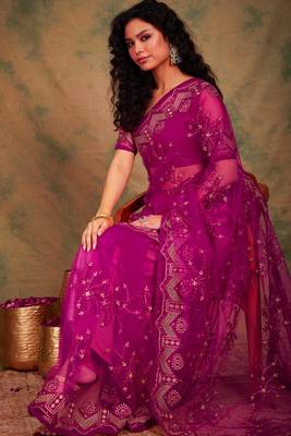 Pink color embroidery work net saree with blouse 1