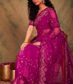Pink color embroidery work net saree with blouse