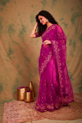 Pink color embroidery work net saree with blouse