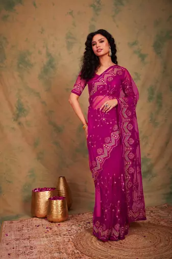 Pink color embroidery work net saree with blouse