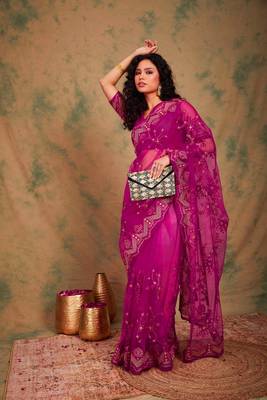 Pink color embroidery work net saree with blouse 4