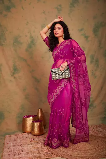 Pink color embroidery work net saree with blouse