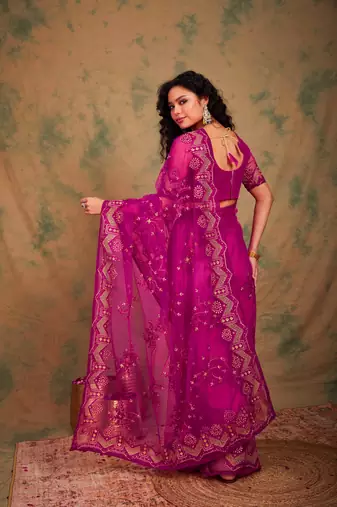 Pink color embroidery work net saree with blouse