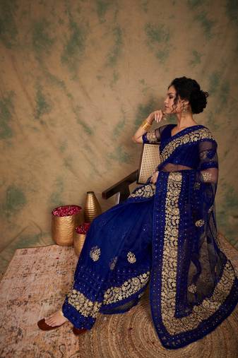 Royal Blue Color Embroidery Work Net Saree With Blouse