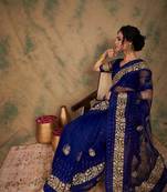 Royal Blue Color Embroidery Work Net Saree With Blouse