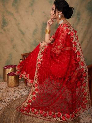 Red color embroderied work net saree with blouse 1