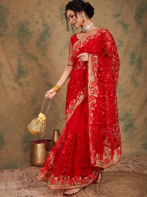 Red color embroderied work net saree with blouse 2