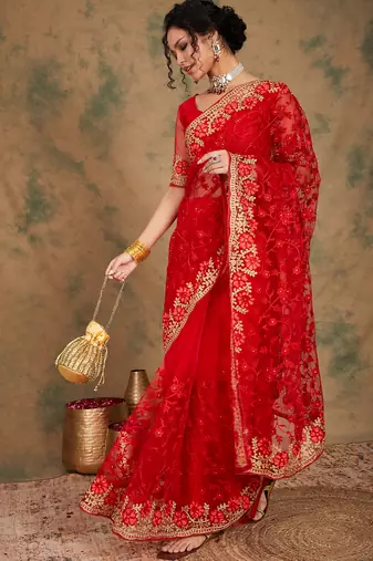 Red color embroderied work net saree with blouse