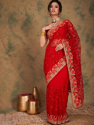 Red color embroderied work net saree with blouse 3