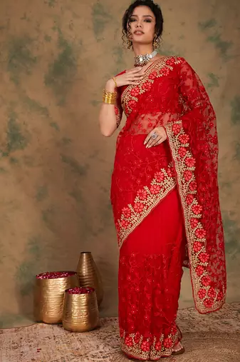Red color embroderied work net saree with blouse