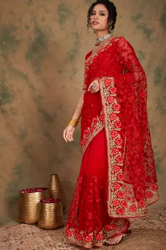 Red color embroderied work net saree with blouse