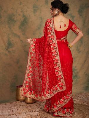 Red color embroderied work net saree with blouse 5