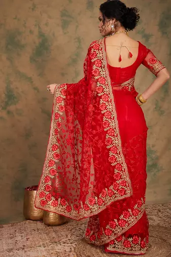 Red color embroderied work net saree with blouse