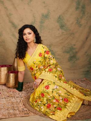 Yellow Color Embroderied Work Net Saree With Blouse 1