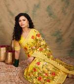 Yellow Color Embroderied Work Net Saree With Blouse