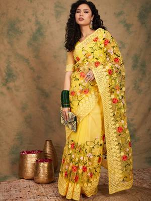 Yellow Color Embroderied Work Net Saree With Blouse 2