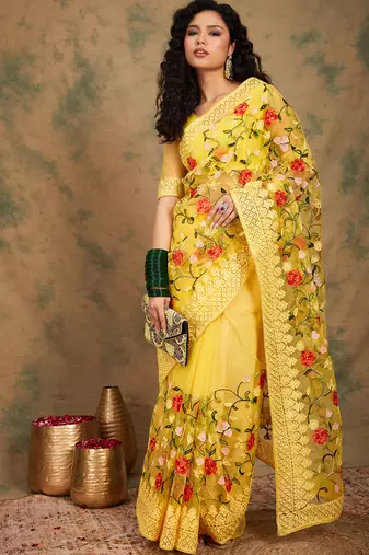 Yellow Color Embroderied Work Net Saree With Blouse