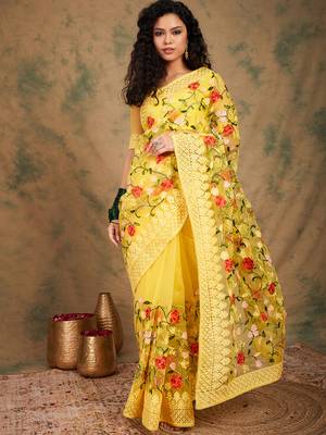 Yellow Color Embroderied Work Net Saree With Blouse 3