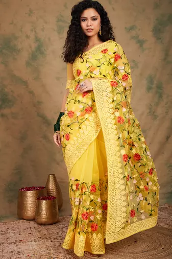 Yellow Color Embroderied Work Net Saree With Blouse