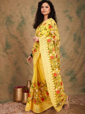 Yellow Color Embroderied Work Net Saree With Blouse 4