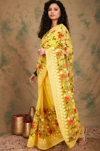 Yellow Color Embroderied Work Net Saree With Blouse