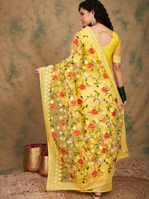 Yellow Color Embroderied Work Net Saree With Blouse 5