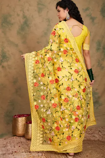 Yellow Color Embroderied Work Net Saree With Blouse
