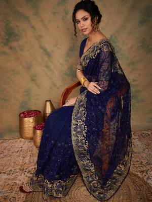 Navy Blue Color Embroderied Work Net Saree With Blouse 1