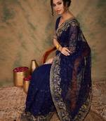 Navy Blue Color Embroderied Work Net Saree With Blouse