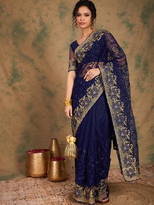 Navy Blue Color Embroderied Work Net Saree With Blouse 2